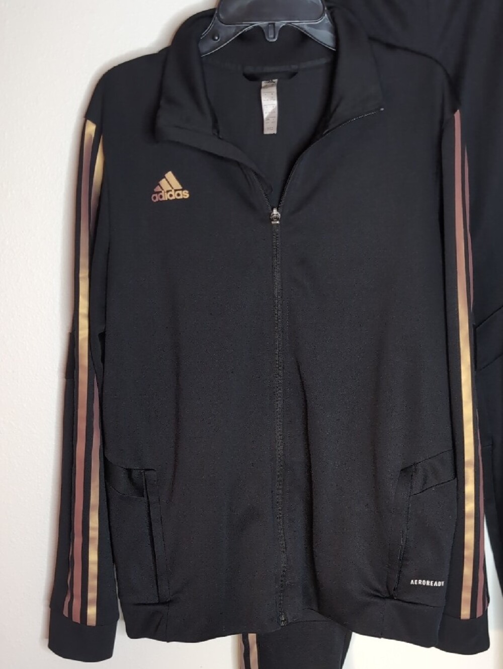 adidas Black Track Jacket and Pants with Metallic Gold Stripes - Picture 3 of 12